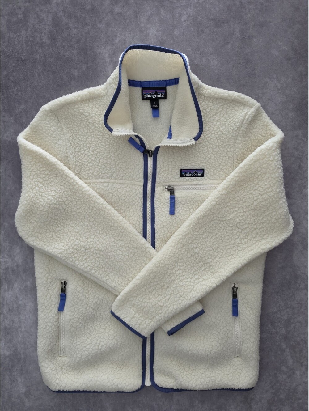 SKU0326 Patagonia Women's M Retro Pile Fleece Jacket Ivory Blue Full Zip Sherpa